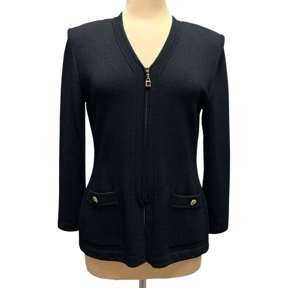 St John Basics Santana Knit Black Zip Jacket Gold Crest Hardware Pockets Size 8